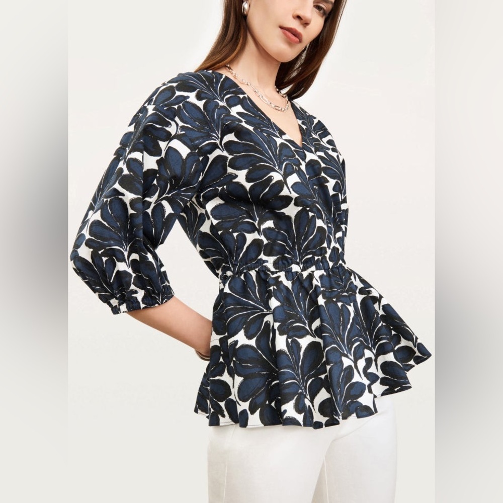 DONNA KARAN NEW YORK V-NECK PRINTED PEPLUM BLUE BLOUSE size Large - Picture 3 of 12
